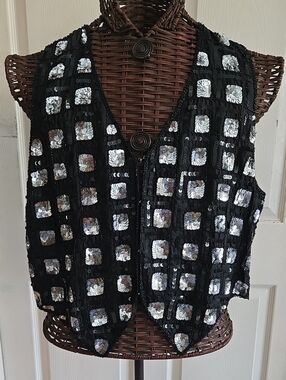 Black Sequin Grid V-Neck Vest with Silver Accents